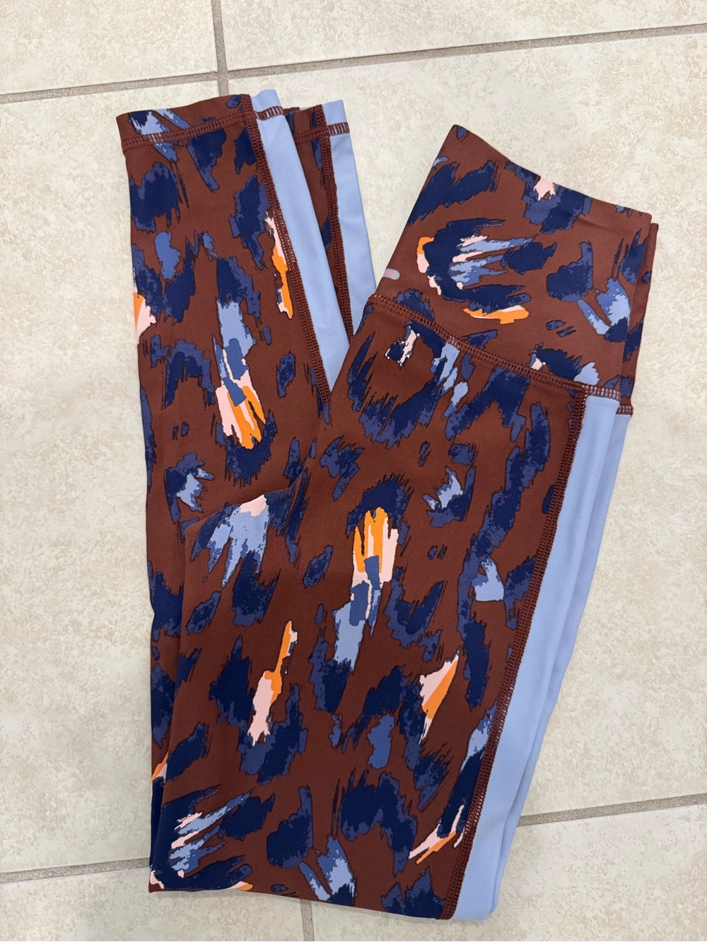 aerie Brown Abstract Leggings with Blue and Yellow Accents